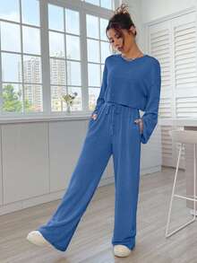 EURMUSE Women's Casual Commuting Simple Solid Color Ribbed Drop Shoulder Loose Flare Sleeve Cropped T-Shirt And Drawstring Waist Straight Leg Pants 2 Pieces Set, Spring/Autumn - Dusty Blue - View 3