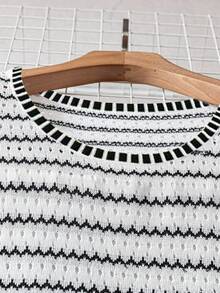 GlowEve CURVE Plus Size Summer Casual Colorblock Striped Short Sleeve Knit Dress Winter Fall Autumn - Black and White - View 4