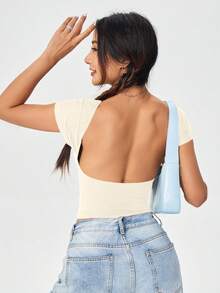SHEIN EZwear 性感休闲简约百搭纯色杏色露肩镂空修身女式短袖T恤套头衫，适合夏季 - 杏色 - 查看 3