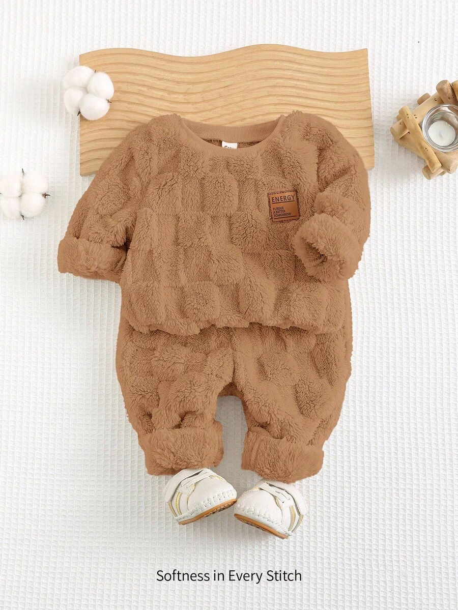 Cozy Pixies Conjunto de 2 peças para bebê menino com estampa de ursinho fofo, moletom dupla face com gola redonda e ombros caídos, nas cores marrom e mocha. Ideal para o outono e inverno. Perfeito para recém-nascidos. - Caqui - Ver 1