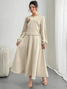 DAZY Women's Autumn 3D Floral Sweatshirt And A-Line Skirt 2 Pieces Set - Apricot - View 4