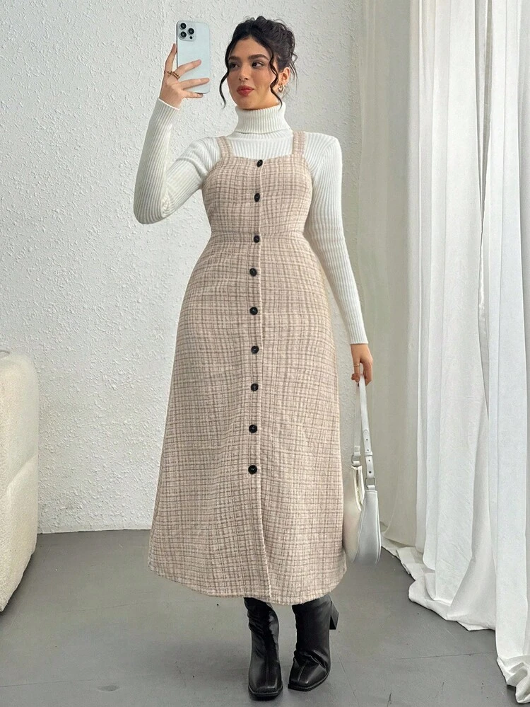 Women's Plaid Square Neck Sleeveless Fishtail Dress, Autumn
