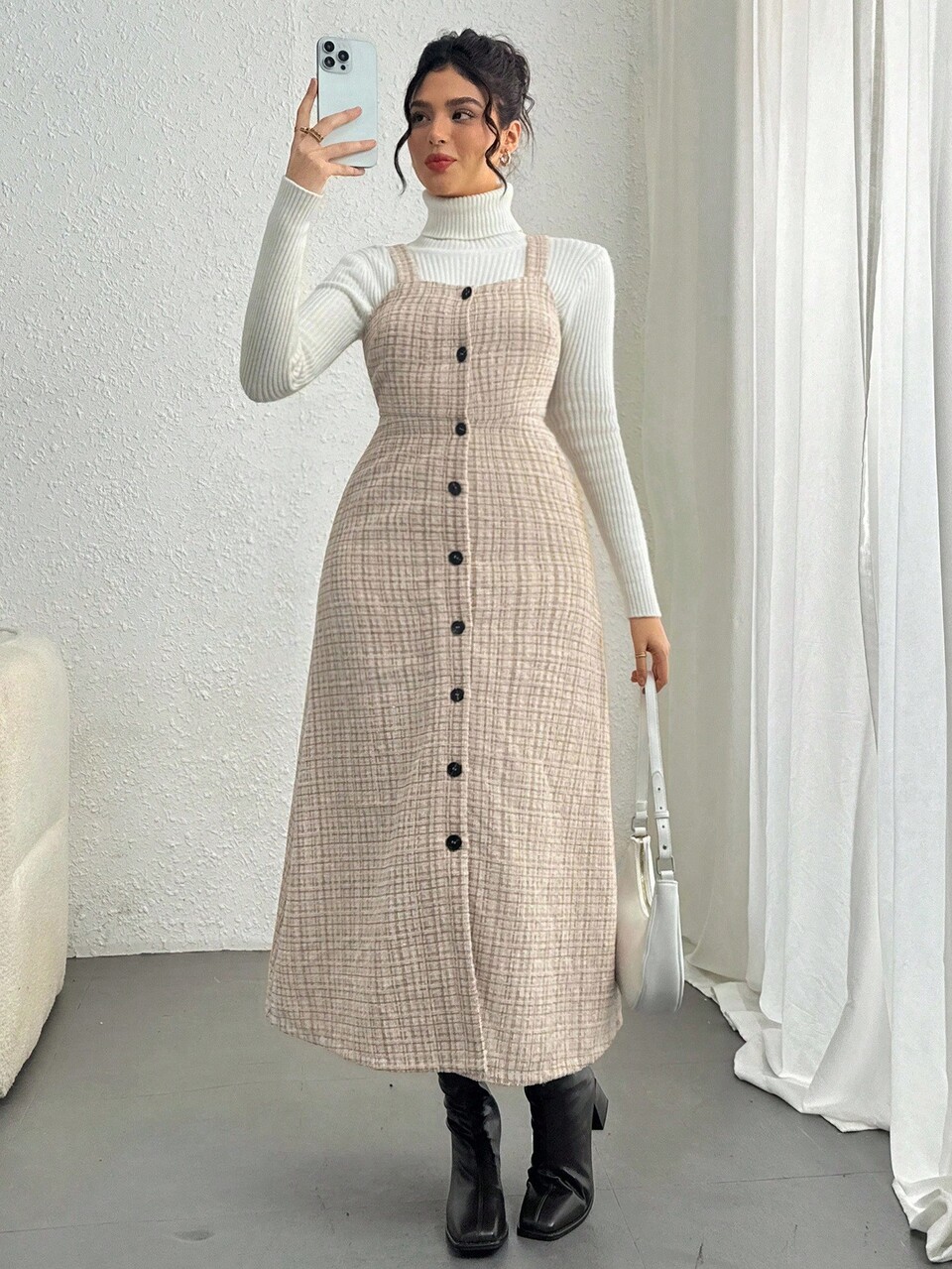 Women's Plaid Square Neck Sleeveless Fishtail Dress, Autumn