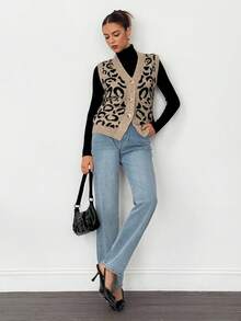 SHEIN Tall Damen Herbst/Winter Einreihige V-Ausschnitt Leoparden Muster Pullunder, Pullunder für Frauen im Herbst, Damen Winter Pullover, Ausgeh Oberteile, Leoparden Muster, Braun, Lässig und Einfach. Ausgehen, Zuhause, Lässig, Elegant, Pendeln, Vielseitig, Hochwertige Aufwertung, Personalisiert, Geeignet für Partys, Pendeln zur Arbeit, Kundentreffen und viele andere Anlässe, Old Money Stil, Boss Feeling, Gangsterfrau Stil, Leoparden Muster Top, Gepard Muster Top - Schwarz - Übersicht 3