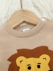 Infant Knitted Romper, Autumn/Winter Round Neck Pullover Sweater Jumpsuit, Cute Lion Jacquard Design, Snap Closure At Shoulders And Feet