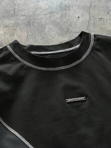 AXEPEAK Contrast Color Round Neck Loose Fit Men's T-Shirt - Black - View 3
