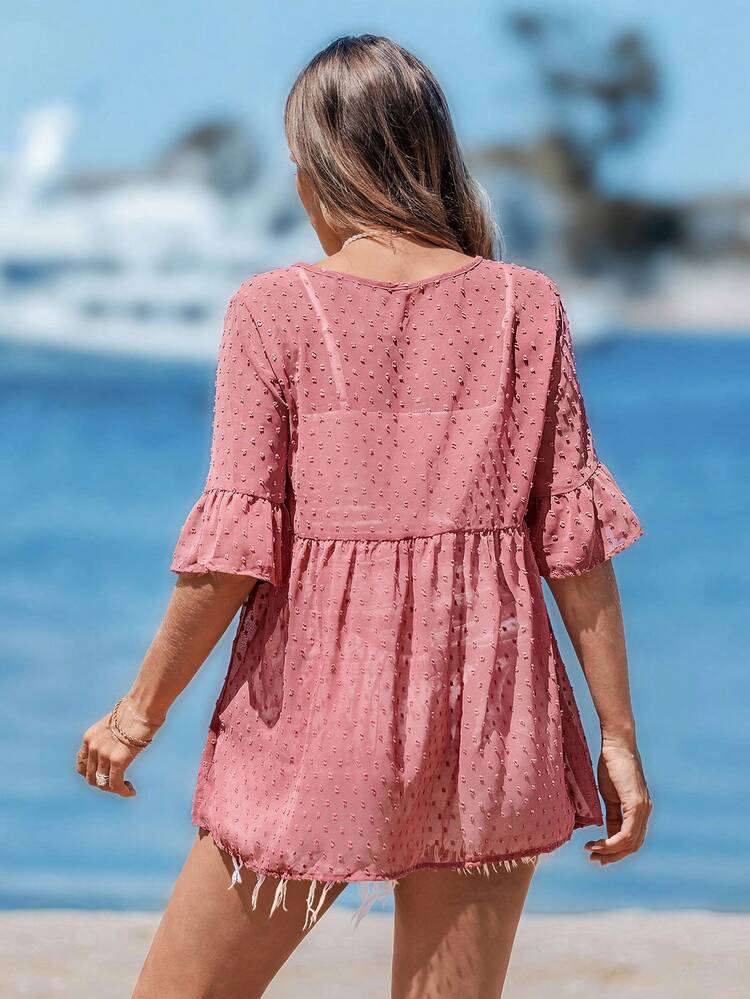 Women's Solid Color Waist Tie Ruffle Sleeve Vacation Blouse,Vacation
