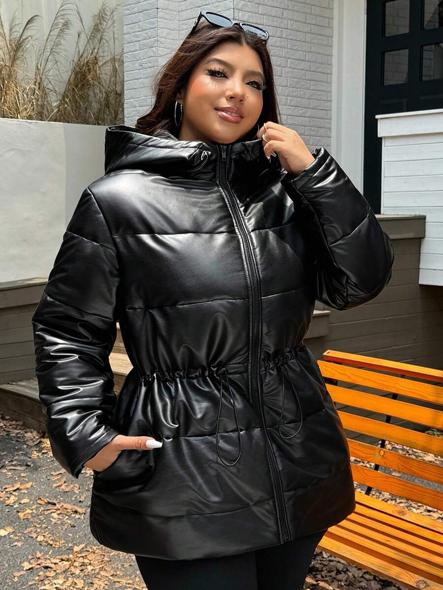 SHEIN EZwear معطف أسود كاجوال مقاس كبير للنساء بغطاء رأس وجيوب وأكمام طويلة - الأسود - مشاهدة 1