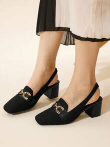 CUCCOO BASICS 女士时尚黑色针织金属扣后带粗跟方头露跟浅口鞋，适合通勤、约会、派对、度假 - 黑色 - 查看 3