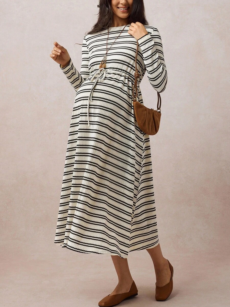 Boho Mama Maternity Casual Striped Drawstring Waist Dress,Vintage - Khaki - View 1