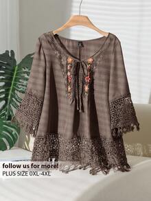 CosyJoli 大码女式花卉图案领结撞色蕾丝宽松时尚衬衫