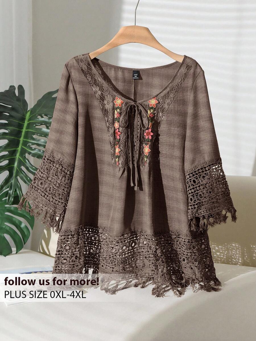 CosyJoli 大码女式花卉图案领结撞色蕾丝宽松时尚衬衫