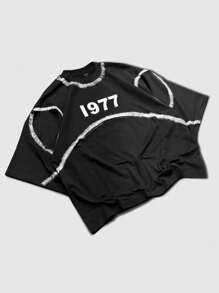 ROMWE MEN Prep 男士街头美式T恤，局部喷绘，日常穿着，短款蝙蝠袖，春夏 - 黑色 - 查看 1