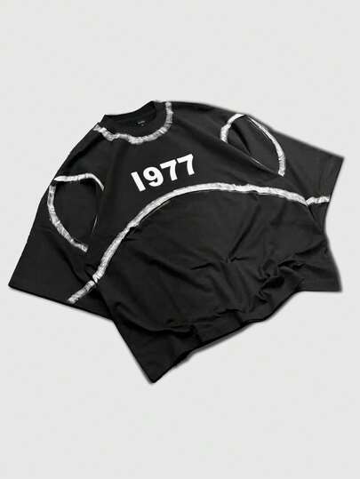 ROMWE MEN Prep 男士街头美式T恤，局部喷绘，日常穿着，短款蝙蝠袖，春夏