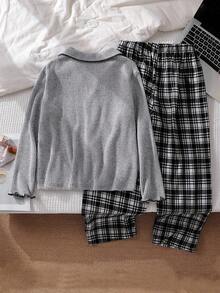 2 件套女童休闲套装，灰色翻领上衣搭配格子裤，长袖，长裤，舒适家居服，春/秋/冬 - 灰色 - 查看 2