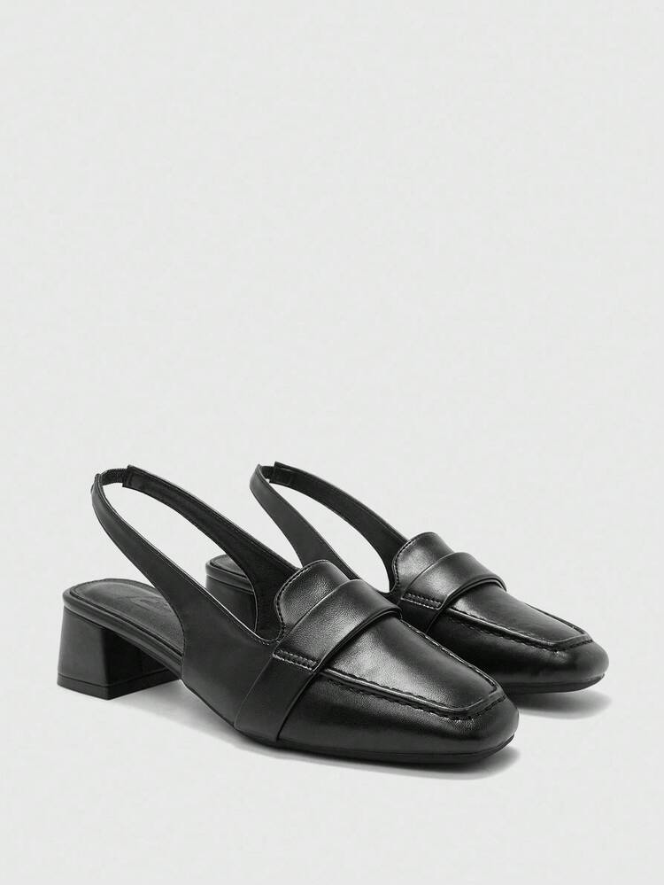 CUCCOO BIZCHIC Black Square Toe Chunky Heel Fashion Minimalist Women's High Heel Pumps, Backstrap Slingback Shoes For Vacation, Commute, Versatile Outfit For Christmas Spring Shoes