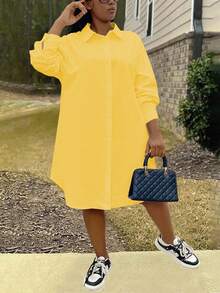 Inoviana Plus Size Women Casual Loose Shirt Dress, Long Sleeve, Solid Color Fall Cloth For Women - Yellow - View 1