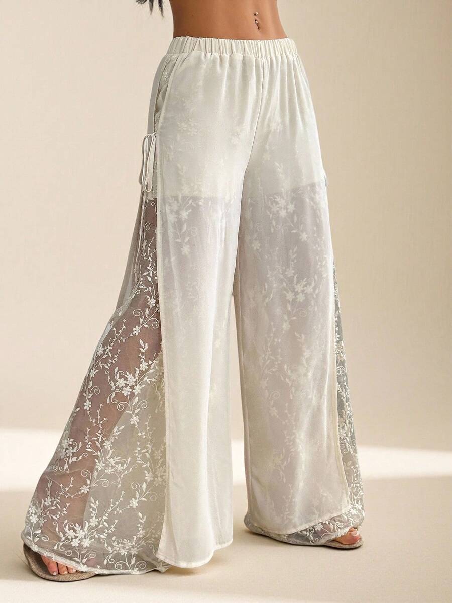 SHEIN PETITE 女士休闲花卉刺绣网眼拼接阔腿裤 - 白色 - 查看 1