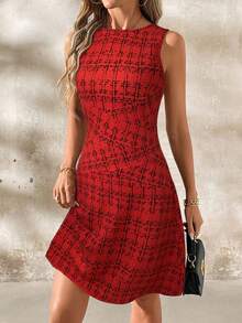 Editum Women's Elegant A-Line Short Dress, Slim Fit, Suitable For Work, Casual, Daily Wear, Spring/Summer - Red - View 4