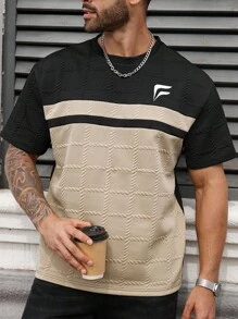 Manfinity Homme Plus Size Men's Colorblock Graphic Print Round Neck Short Sleeve T-Shirt - Khaki - View 3