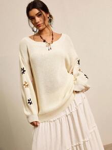 SHEIN VCAY Plus Size Loose Fit Sweater With 3D Floral Decor And Drop Shoulders Autumn Winter Clothes For Women - Beige - View 6