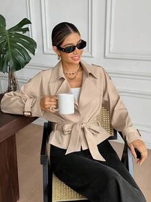 SHEIN Frenchy Trench coat couleur unie décontracté, polyvalent pour le printemps et l'automne - Nude - Voir 4