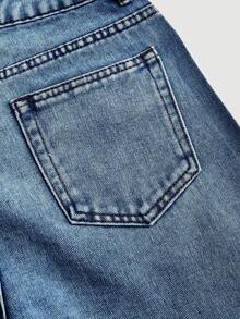 SHEIN PETITE 女士蓝色牛仔裤 BlingBling 钻石缀饰低腰阔腿裤 Y2K 音乐节 - 中等水洗藍 - 查看 4