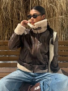 Muchica 女式仿皮草短款夹克，秋冬 - 棕色 - 查看 4