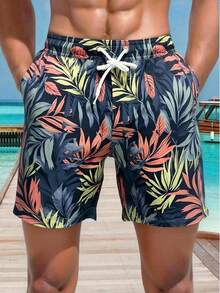 Manfinity Swimmode Men's Plant Print Drawstring Waist Pocket Casual Beach Shorts Men Beachwear Men Floral Swim Trunks Men Swim Trunks Mens Swim Shorts Tropical Swim Trunks Men Swim Trunk Matching Plus Size Men Beach Shorts - Dark Green - View 6