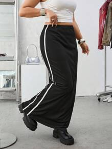 SHEIN EZwear 大码女式松紧腰侧条纹 A 字长裙