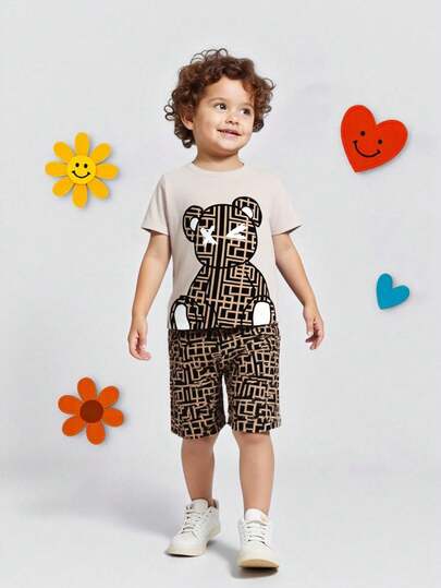 GraphicGems 男童格子泰迪熊印花圆领短袖T恤和格子全身印花针织短裤套装