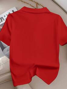 INAWLY 女式 Polo 领刺绣针织开衫短袖 T 恤 - 紅色 - 查看 2