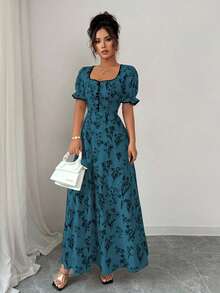 Elenzga 女式复古优雅花卉印花方领 A 字长裙，适合休闲、度假、日常聚会、春夏季 - 藍色 - 查看 3