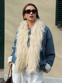 DAZY Patchwork Fur Collar Loose Fit Thick Casual Street Wear Padded Coat, Autumn/Winter Jacket - Blue - View 9