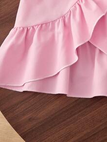 Young Girl Cute Ruffle Hem Asymmetrical Hem & Bow Print Casual Pants Set Pink Bow Pants