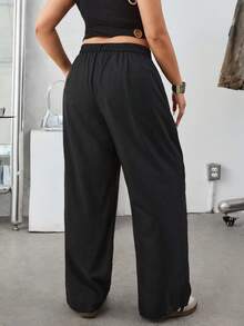 SHEIN EZwear 秋冬大码纯色斜口袋休闲基本款西装裤 - 黑色 - 查看 2