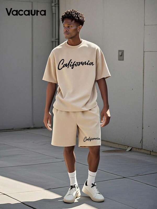 SHEIN Vacaura Boy Summer Outfit 2pcs/Set Teenage Boys Casual Outfit - Round Neck Short Sleeve Top And Sports Shorts, Summer