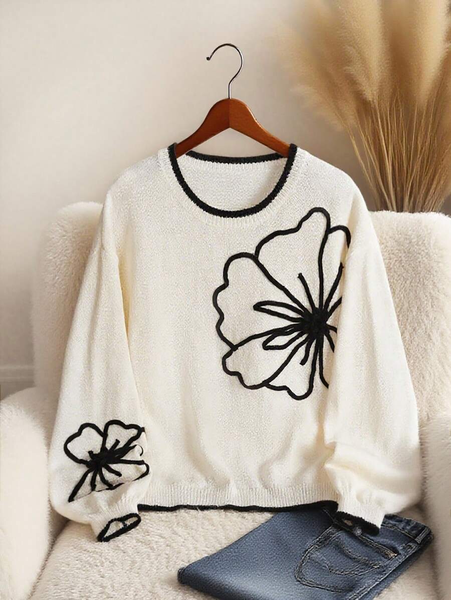 Franclia New Casual Loose Slouchy Embroidered Pullover Sweater For Women Fall Winter Cloth For Women - Black and White - View 1