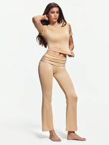 SHAPORA 2-częściowy damski, lekki, modelujący, wygodny, swobodny T-shirt z kopertowym dekoltem i spodnie dzwony, idealny na piżamy lub odzież wierzchnią - Morela - Zobacz 2