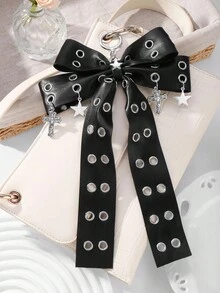 ROMWE Grunge Punk 1pc Y2K Retro Punk Chic High-End Dark Gothic Style Black Leather Double-Layer Hollow Bowknot Star Cross Pendant DIY Keychain Bag Charm, Suitable For Women, Daily Wear Or Gift - Black - View 3
