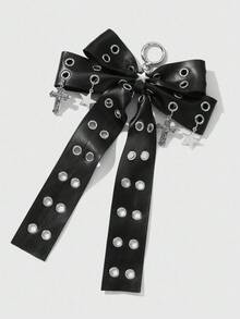 ROMWE Grunge Punk 1pc Y2K Retro Punk Chic High-End Dark Gothic Style Black Leather Double-Layer Hollow Bowknot Star Cross Pendant DIY Keychain Bag Charm, Suitable For Women, Daily Wear Or Gift - Black - View 7