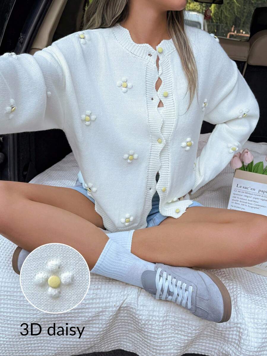 EURMUSE Women Button Front Butter Yellow And White Flower Floral Pattern Cute Knit Cardigan,Long Cardigans Woman,Petite Cardigans,Cardigans