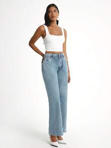 Daynim Women Slant Pocket Solid Color Baggy Jeans - Medium Wash - View 1