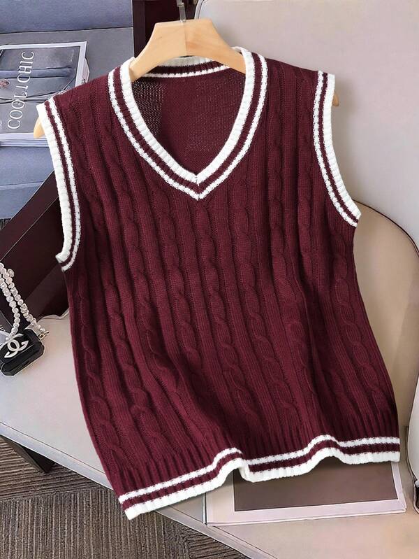 Claim Dot Contrast Striped Trim Cable Knit Sweater Vest For Men, Fall Winter