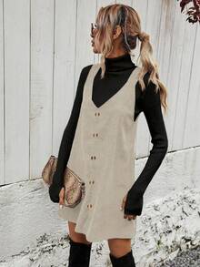 EMERY ROSE Women's Solid Color V-Neck Button Casual Sleeveless Dress - Apricot - View 3