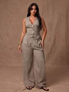 Rustia Bộ đồ 2 món cho nữ cỡ lớn: Áo vest thường ngày màu nâu + Quần - Nhiều màu - Xem 3
