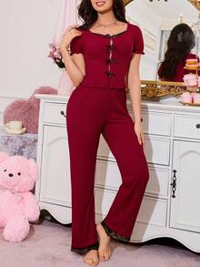 提花罗纹可爱蝴蝶结蕾丝拼接女式睡衣套装 - 酒紅色 - 查看 3