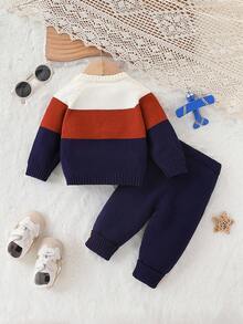 SHEIN Vintaside Kids 2 Stücke Baby Jungen Herbst/Winter Pullover Strick Set mit Oberteil und Hose. Der Pullover hat ein Farbblockdesign, das einen frischen und niedlichen kindlichen Stil mit einem vornehmen Charme zeigt. Aus weichem, komfortablem Stoff, der für die empfindliche Babyhaut geeignet ist und ein gemütliches und angenehmes Trageerlebnis bietet. Kombiniert Komfort und Mode, geeignet für den täglichen Gebrauch. - Königsblau - Übersicht 2