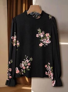 Editum 1 件女士优雅花卉印花荷叶边领长袖衬衫 - 彩色 - 查看 5