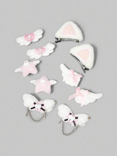 Kawaii 10pcs Random Style Handmade Hair Clips, Pink Lace Wing Star Combination Hair Clips, Cute Cat Ear Bangs Hair Clips, Plush Hair Accessories Set